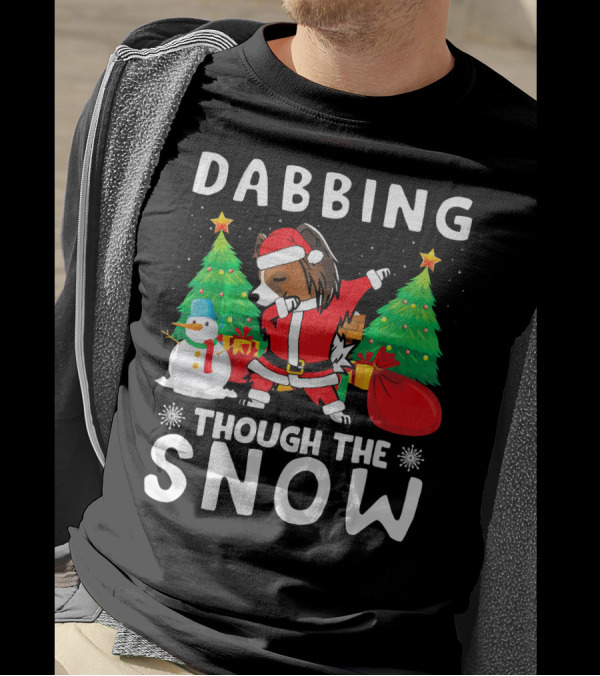 Dabbing Through The Snow Papillon Santa With Christmas Tree And Snowman T-Shirt