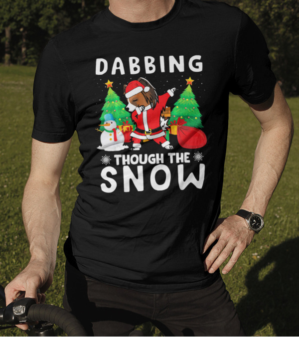 Dabbing Through The Snow Papillon Santa With Christmas Tree And Snowman T-Shirt