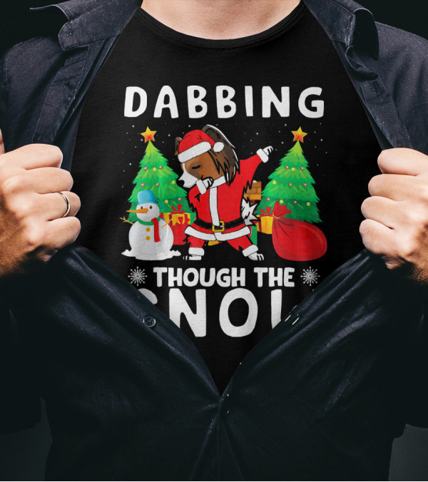 Dabbing Through The Snow Papillon Santa With Christmas Tree And Snowman T-Shirt