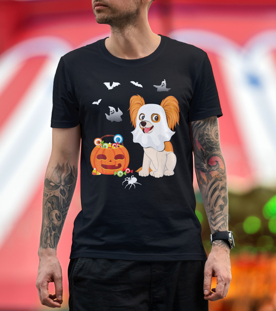 Papillon Ghost Halloween Pumpkin with Candy and Bats T-Shirt