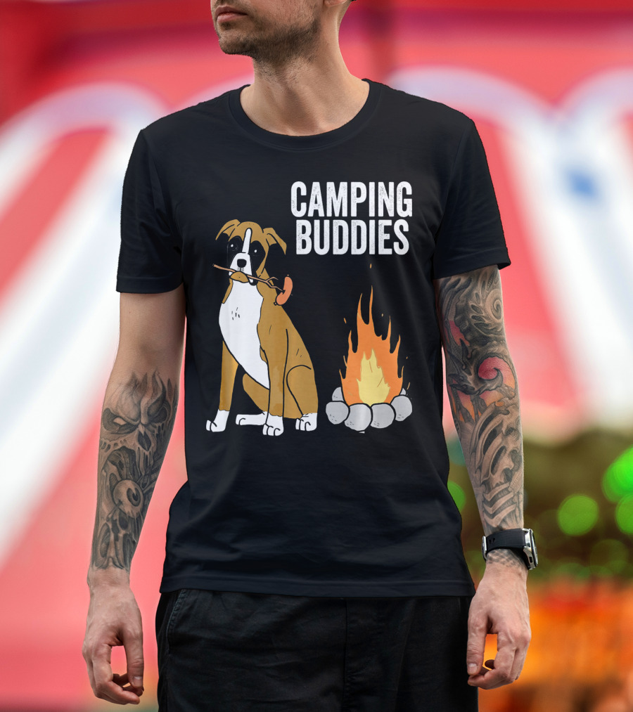 Camping Buddies Boxer Dog by Campfire T-Shirt