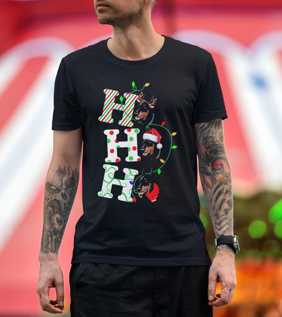 Doberman Pinscher Ho Ho Ho Santa Hat Christmas Reindeer Lights T-Shirt