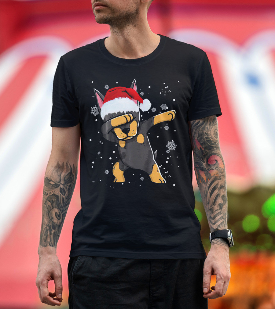 Doberman Dabbing Santa Hat Christmas Snowflakes Dog Love T-Shirt