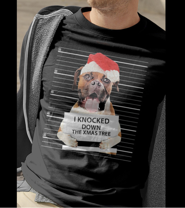 Boxer Dog Santa Hat Funny Xmas Tree Mugshot T-Shirt