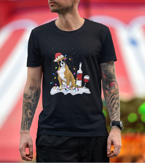 Premium T-Shirt: Boxer Dog Christmas Lights Wine Bottle Funny Costume T-Shirt Boxer Dog Christmas Lights Wine Bottle Funny Costume T-Shirt