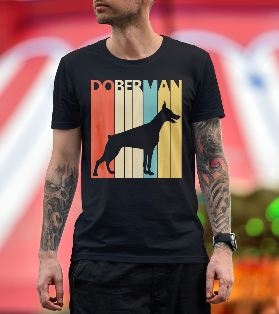 Doberman Silhouette Vintage Stripes Dog Dad Dog T-Shirt