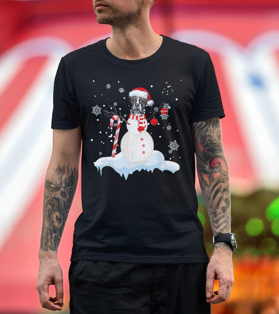 Boxer Dog Snowman with Santa Hat and Candy Cane on Snowflakes T-Shirt