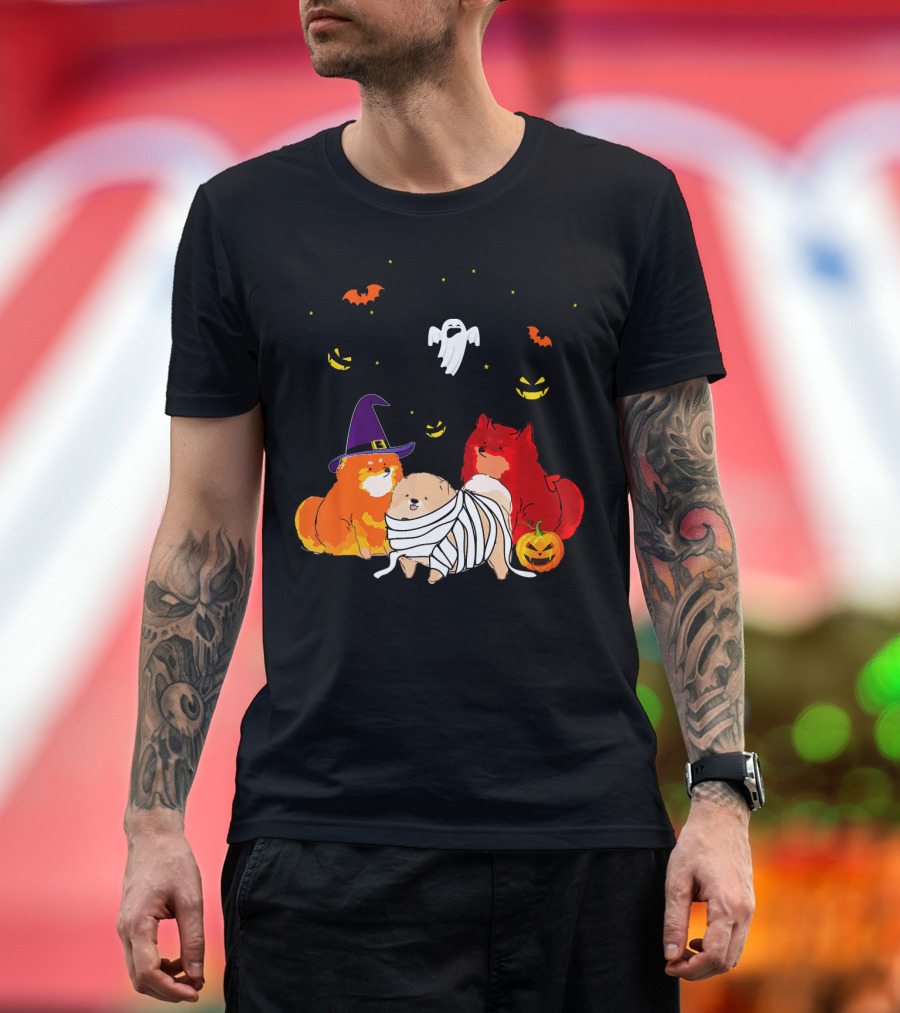 Pomeranian Witch Devil Mummy Ghost Pumpkin Bats T-Shirt