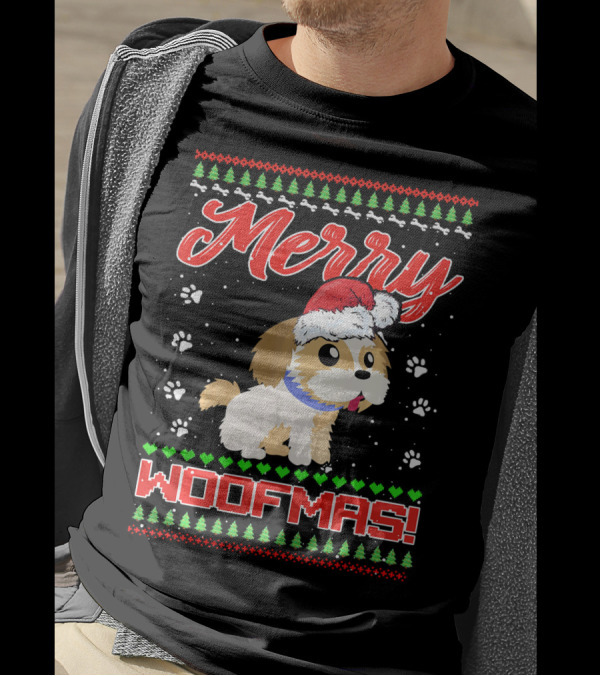 Merry Woofmas Shih Tzu In Santa Hat And Winter Holiday T-Shirt