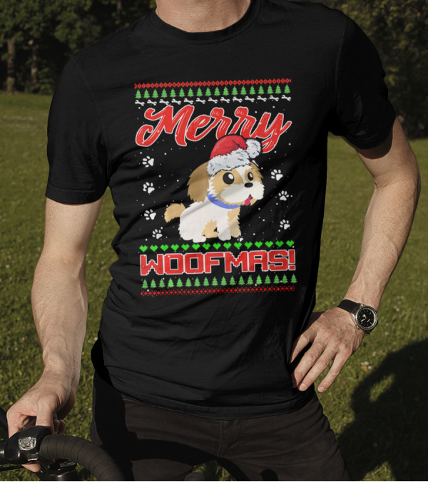Merry Woofmas Shih Tzu In Santa Hat And Winter Holiday T-Shirt
