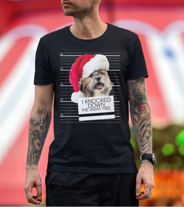 Premium T-Shirt: Shih Tzu Dog I Knocked Down The Xmas Tree with Santa Hat Mugshot T-Shirt Shih Tzu Dog I Knocked Down The Xmas Tree with Santa Hat Mugshot T-Shirt