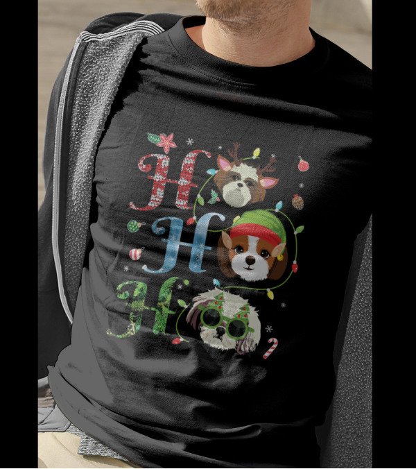 Ho Ho Ho Shih Tzu Reindeer Elf Christmas Lights T-Shirt