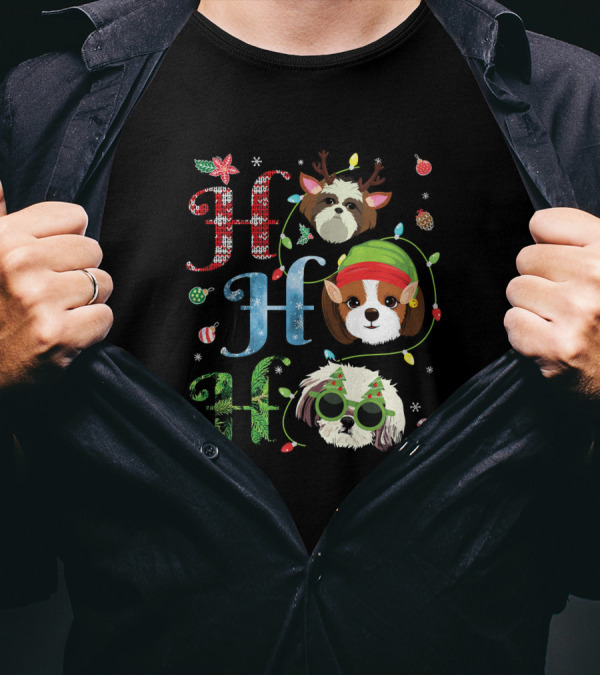 Ho Ho Ho Shih Tzu Reindeer Elf Christmas Lights T-Shirt