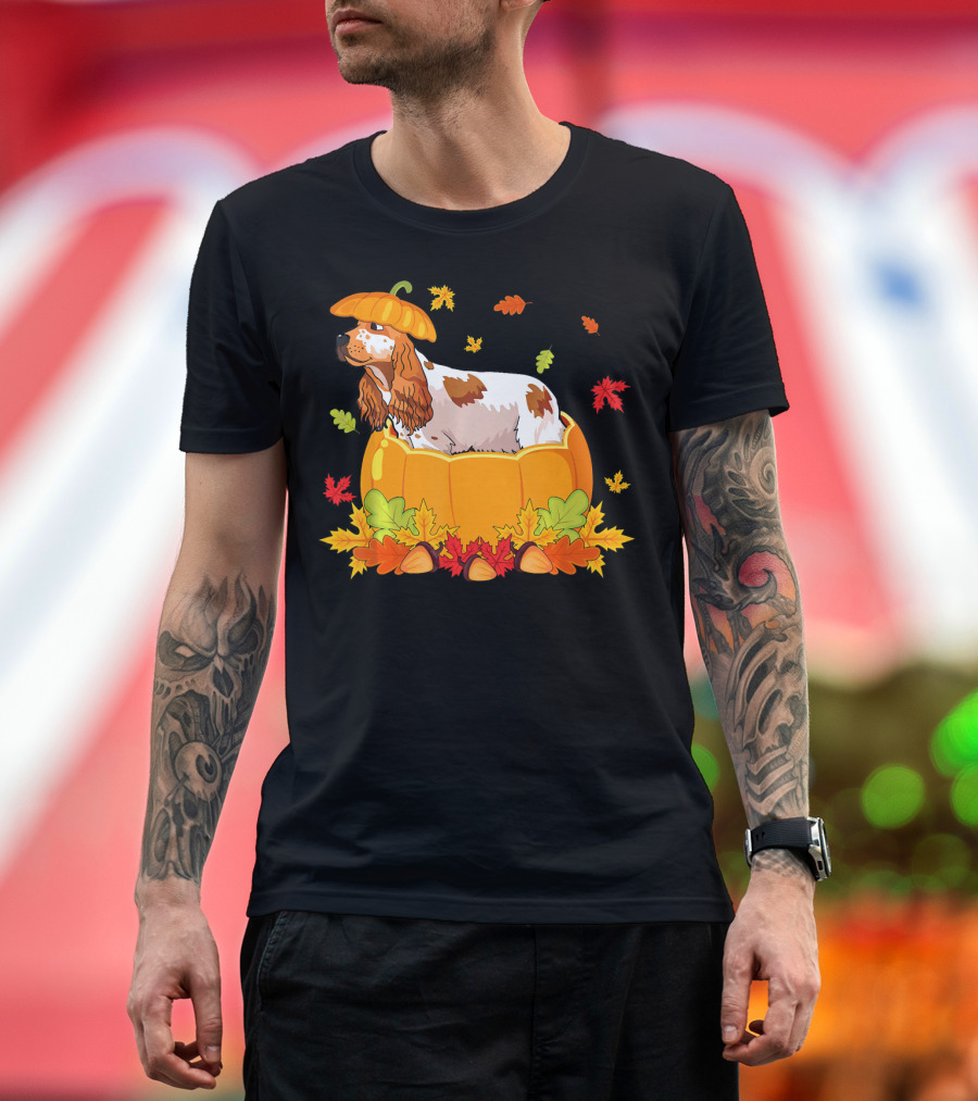 Thanksgiving Cocker Spaniel in Pumpkin with Autumn Leaves and Acorns T-Shirt
