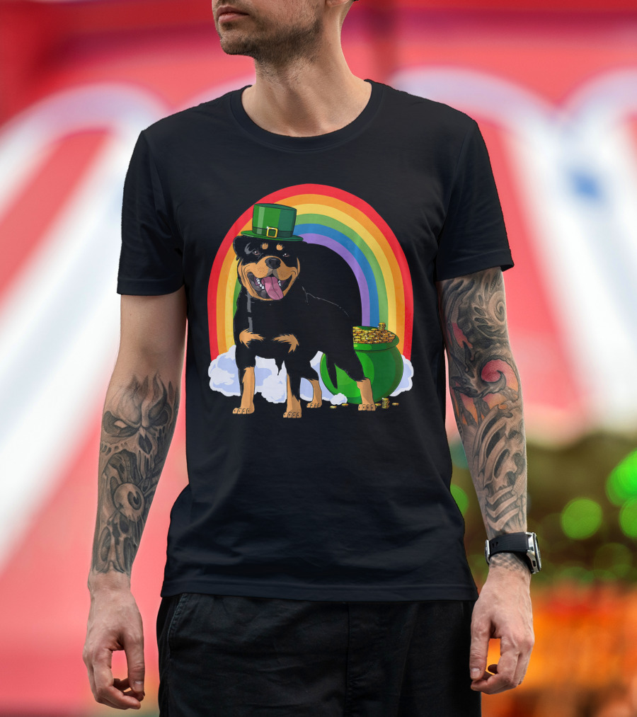 Rottweiler Leprechaun with Rainbow and Pot of Gold St Patricks Day T-Shirt