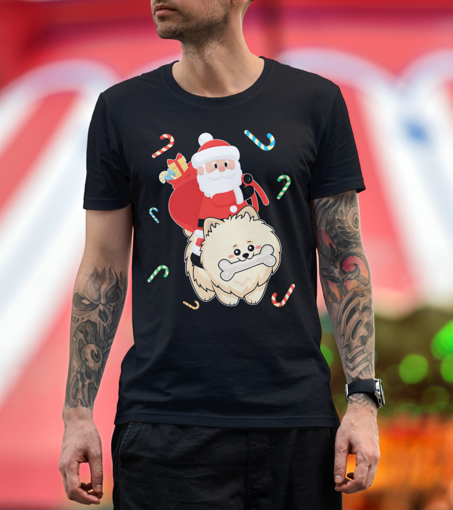 Santa Claus Riding Pomeranian With Candy Canes and Gifts T-Shirt