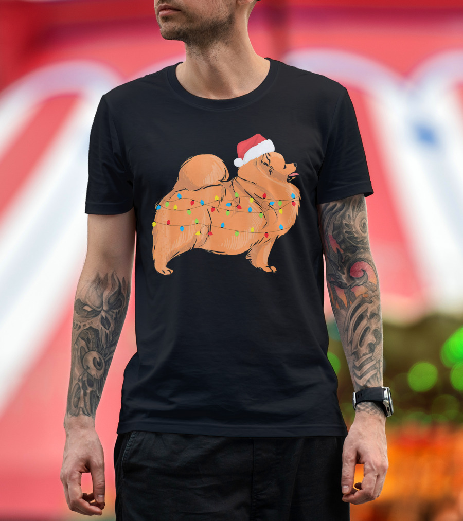 Santa Pomeranian with Christmas Lights Holiday T-Shirt