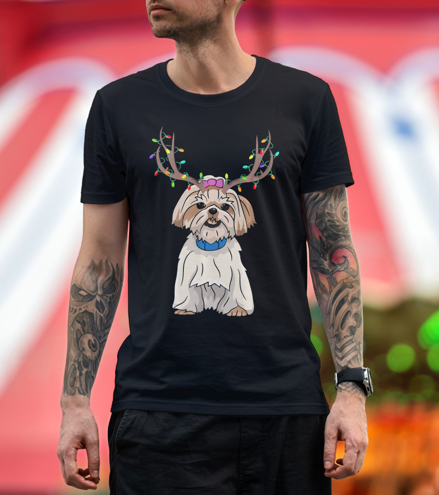 Shih Tzu Reindeer Horn Christmas Lights Funny Family Matching T-Shirt