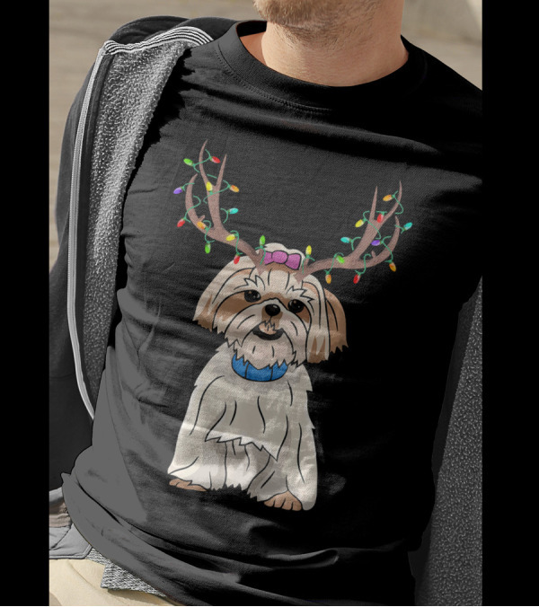 Shih Tzu Reindeer Horn Christmas Lights Funny Family Matching T-Shirt