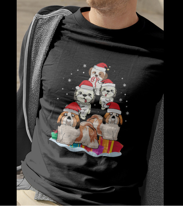 Shih Tzu Noel Hat Christmas Presents Stack With Snowflakes T-Shirt