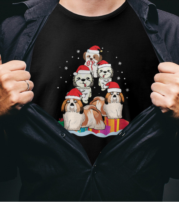 Shih Tzu Noel Hat Christmas Presents Stack With Snowflakes T-Shirt