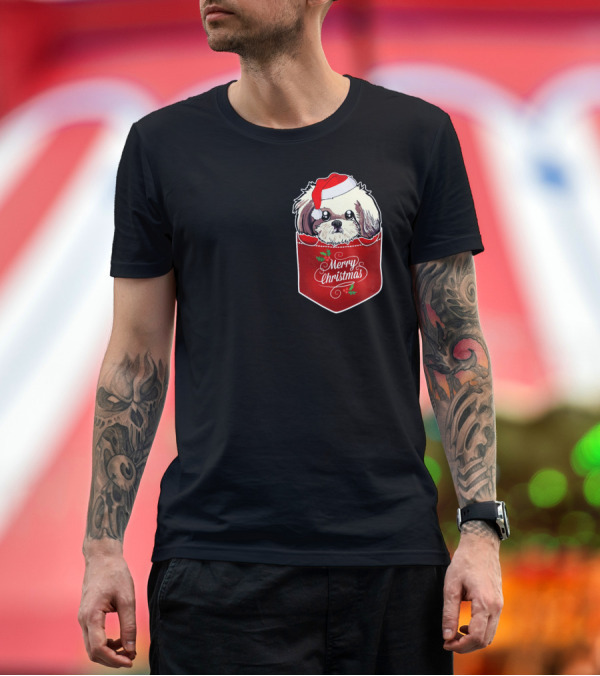 Premium T-Shirt: Merry Christmas Shih Tzu with Santa Hat In Pocket T-Shirt Merry Christmas Shih Tzu with Santa Hat In Pocket T-Shirt