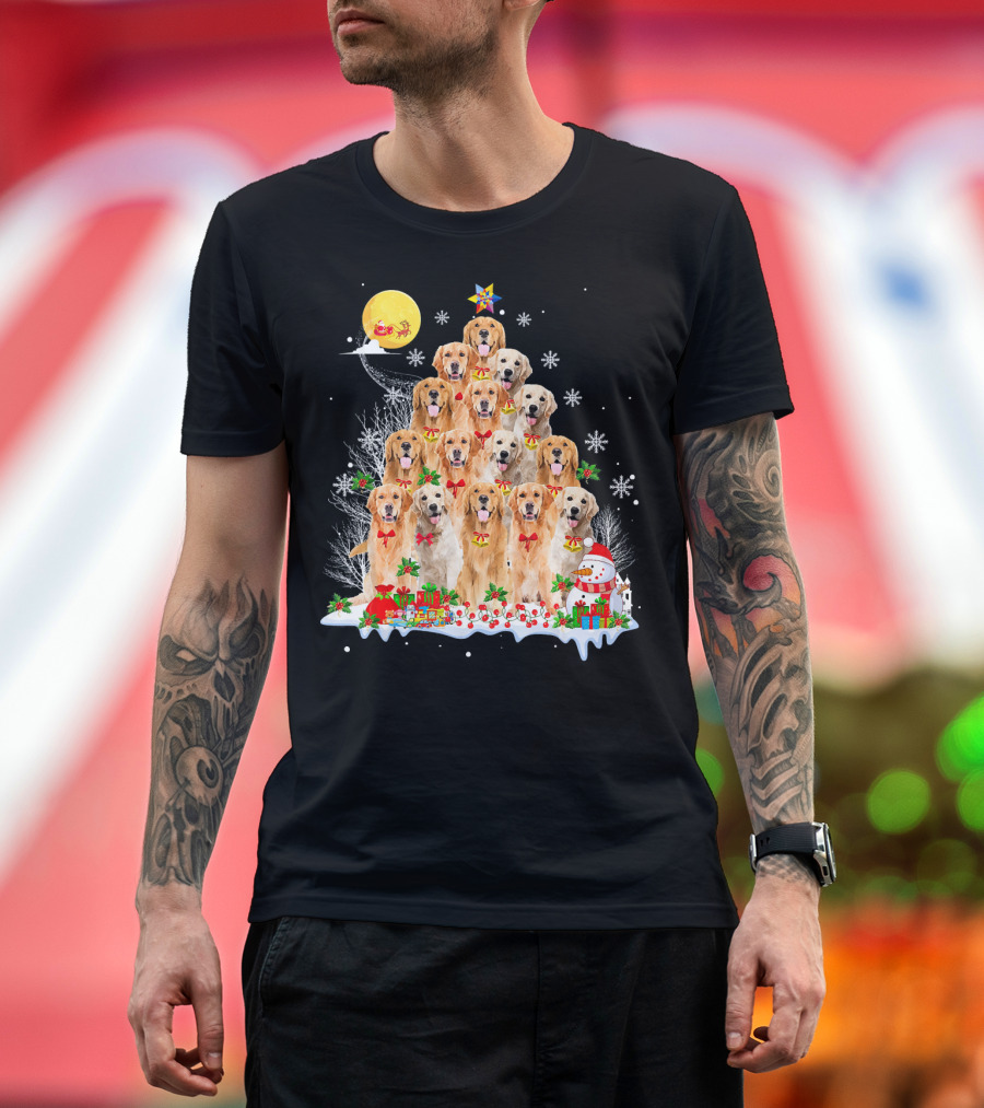 Golden Retriever Dog Reindeer Pine Tree Christmas Santa Snowman T-Shirt