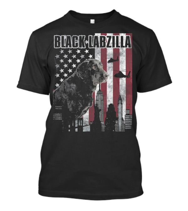Black Labzilla American Labrador With Urban Helicopters And Flags T-Shirt