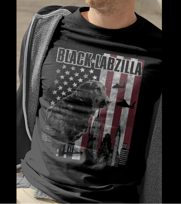 Black Labzilla American Labrador With Urban Helicopters And Flags T-Shirt