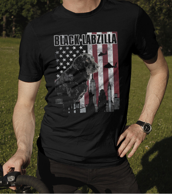 Black Labzilla American Labrador With Urban Helicopters And Flags T-Shirt