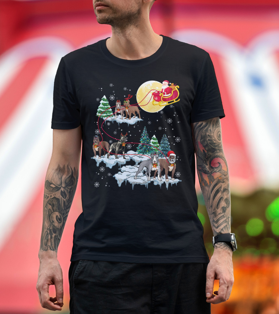 Santa Claus Sleigh Rides with Pit Bull Dogs in Winter Wonderland T-Shirt