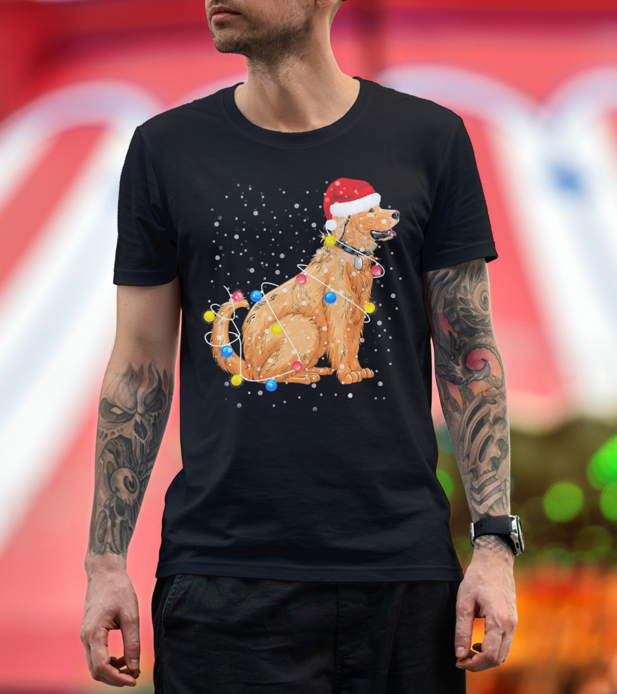 Golden Retriever in Santa Hat Wrapped with Christmas Lights T-Shirt