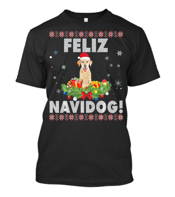 Feliz Navidog Labrador Retriever Santa Hat Christmas Wreath Snowflakes Gifts T-Shirt