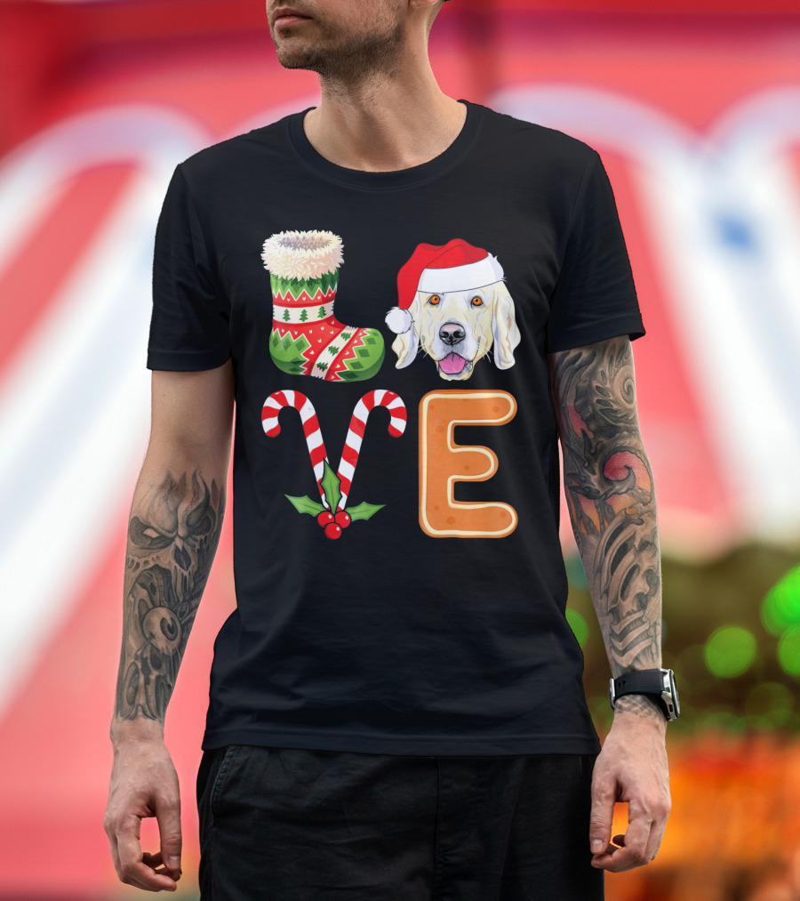 Golden Retriever Lover Xmas Stocking Candy Cane Gingerbread Letter E Christmas Santa Hat T-Shirt