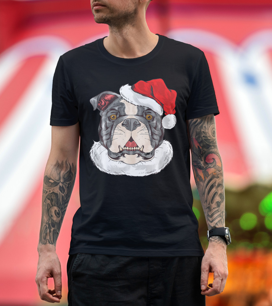 Bulldog Pit Bull with Santa Claus Hat T-Shirt