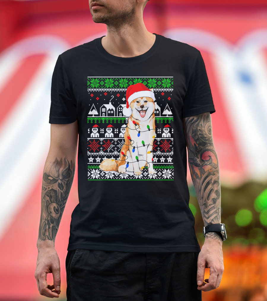 Akita Inu Wrapped in Christmas Lights with Santa Hat and Festive T-Shirt