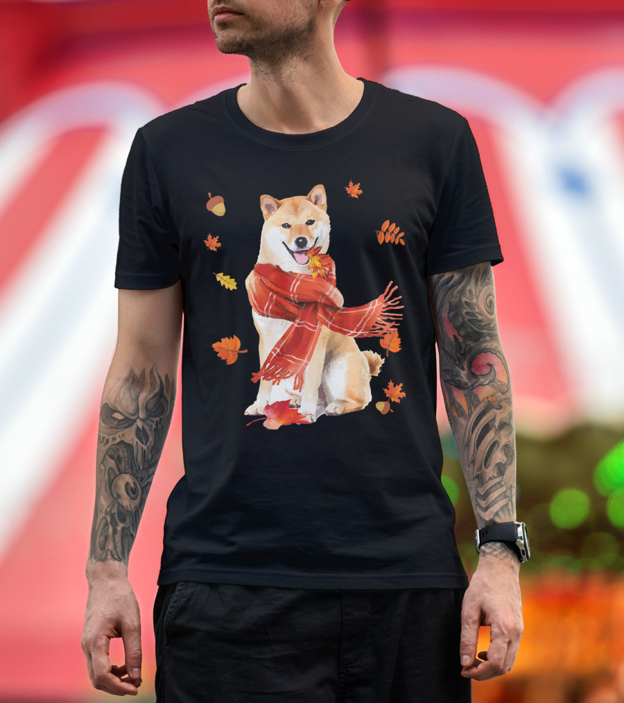 Acorn Autumn Leaves Cute Akita Inu with Red Scarf T-Shirt