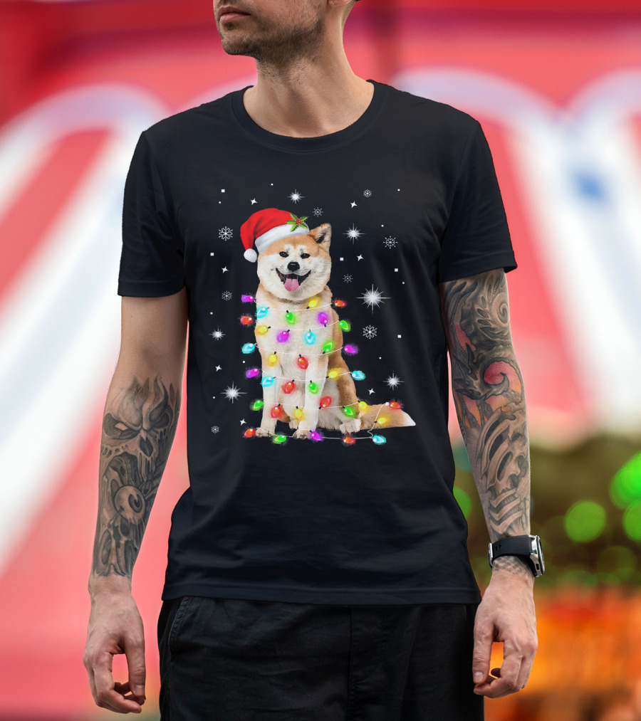 Christmas With Akita Dog Funny Dog Santa Hat and Holiday Lights T-Shirt