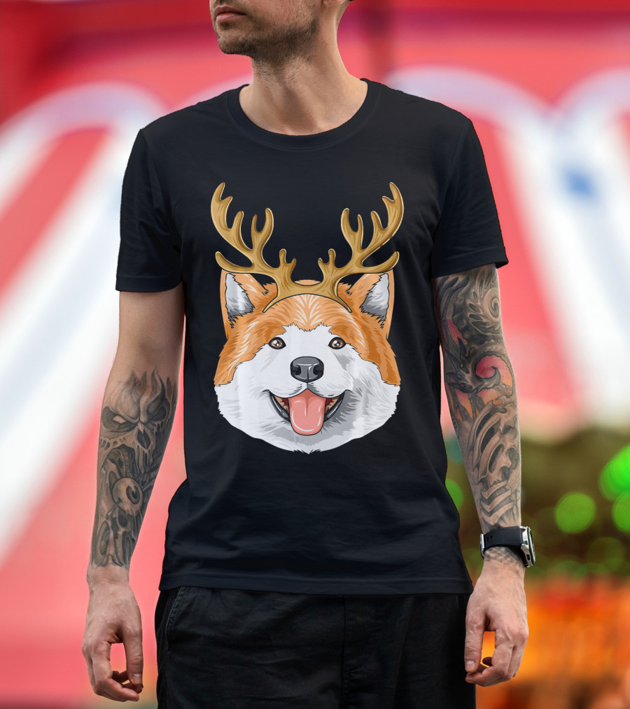 Akita Dog with Reindeer Antlers Christmas Holiday T-Shirt