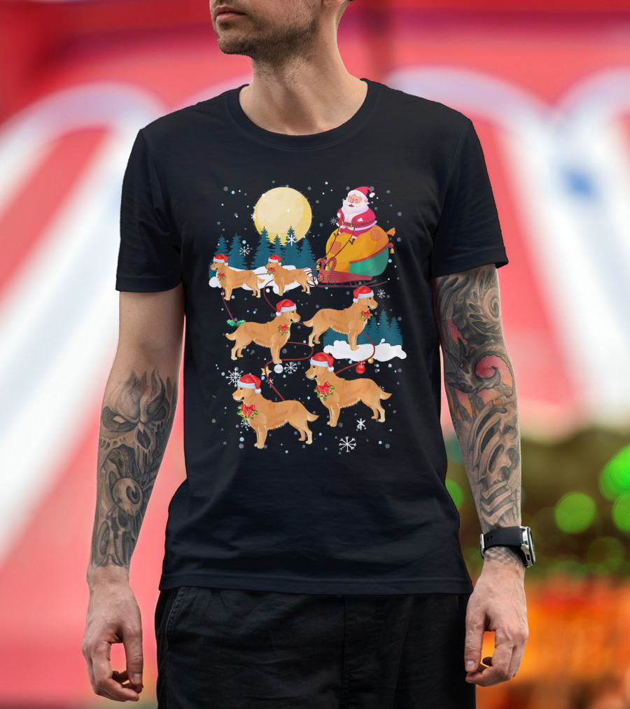 Santa Sleigh with Golden Retriever Reindeer Under Full Moon T-Shirt