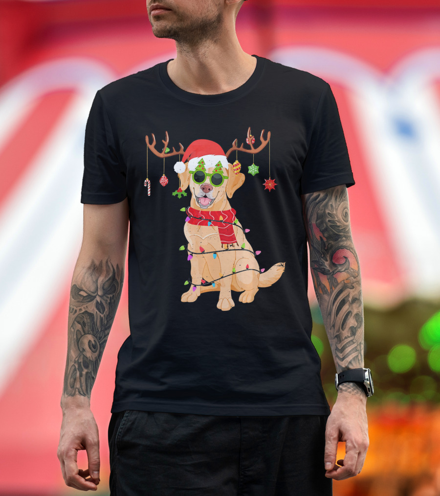 Funny Golden Retriever Christmas Reindeer Santa Hat and Lights T-Shirt