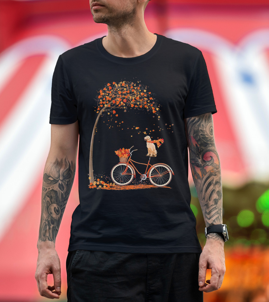 Dog Leaf Fall Autumn Cycling Funny Golden Retriever on Bicycle T-Shirt