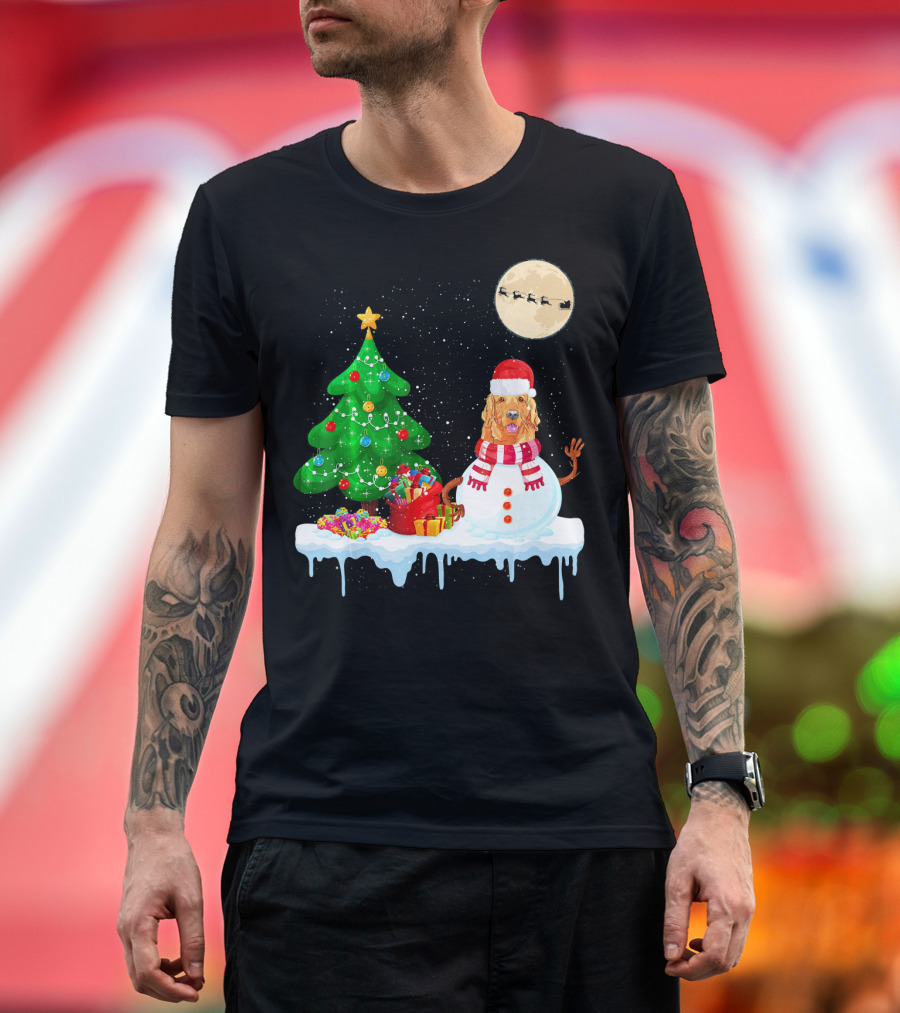 Golden Retriever Snowman Christmas Tree Santa Moon Sleigh T-Shirt