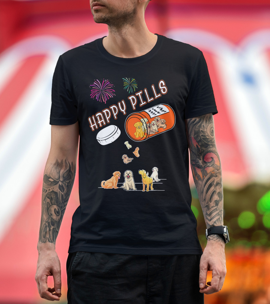 Happy Pills Dogs Fireworks Golden Retriever T-Shirt