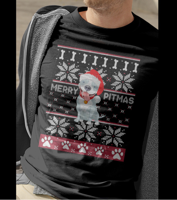 Merry Pitmas Funny Dog Pitbull Resting Pit Face Santa Hat Ugly Christmas T-Shirt