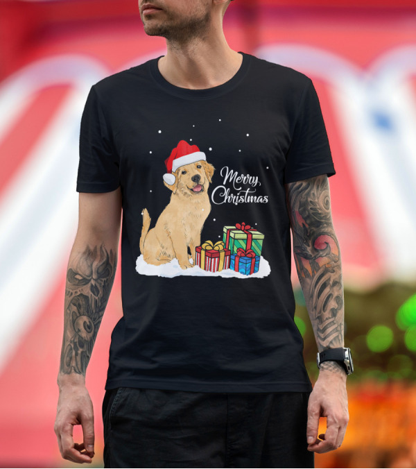 Premium T-Shirt: Merry Christmas Cute Golden Retriever with Santa Hat and Presents T-Shirt Merry Christmas Cute Golden Retriever with Santa Hat and Presents T-Shirt