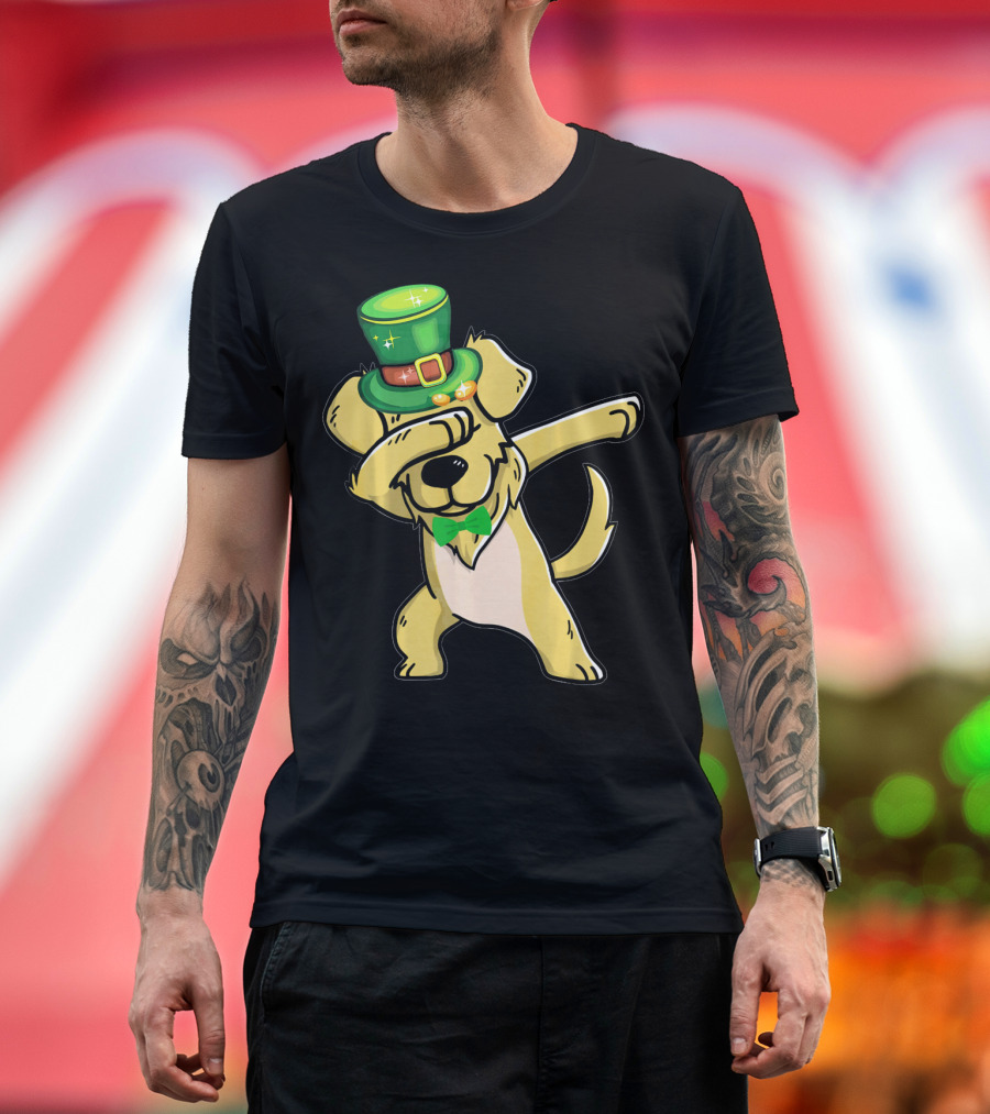 Dabbing Golden Retriever Shamrock St Pat’s Day Green Hat and Bow Tie T-Shirt