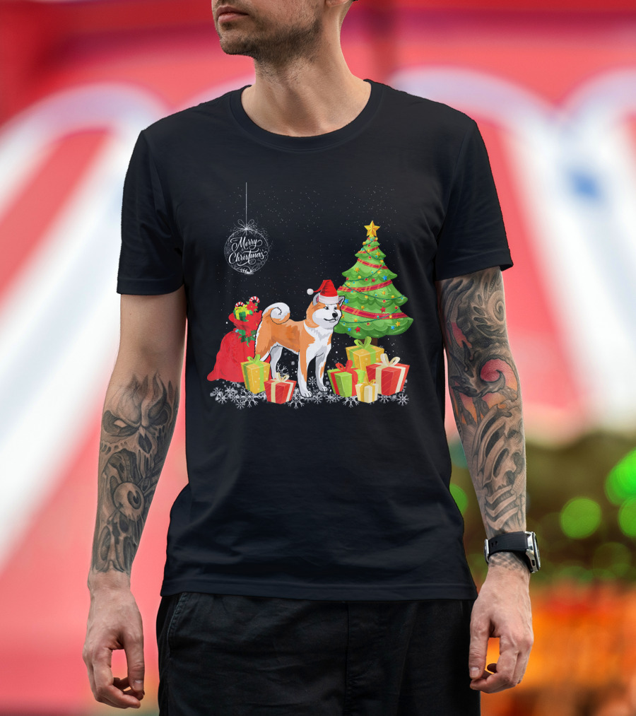 Merry Christmas Akita with Santa Hat and Presents Under Christmas Tree T-Shirt