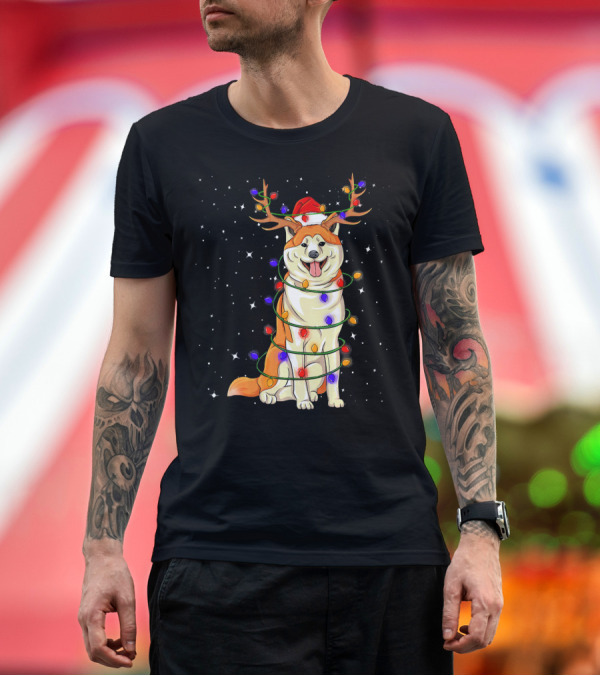 Premium T-Shirt: Akita Christmas Lights Dog with Santa Hat and Reindeer Antlers T-Shirt Akita Christmas Lights Dog with Santa Hat and Reindeer Antlers T-Shirt