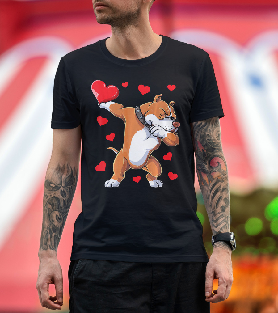 Dabbing Pit Bull Holding Heart Surrounded by Red Hearts Valentine's Day T-Shirt